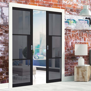 Image: Tribeca 3 Pane Black Primed Double Evokit Pocket Doors - Tinted Glass