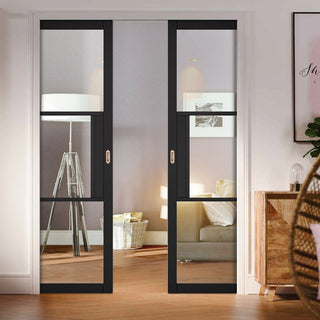 Image: Tribeca 3 Pane Black Primed Double Evokit Pocket Doors - Clear Glass