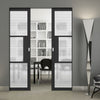 Tribeca 3 Pane Black Prefinished Absolute Evokit Double Pocket Door - Clear Reeded Glass