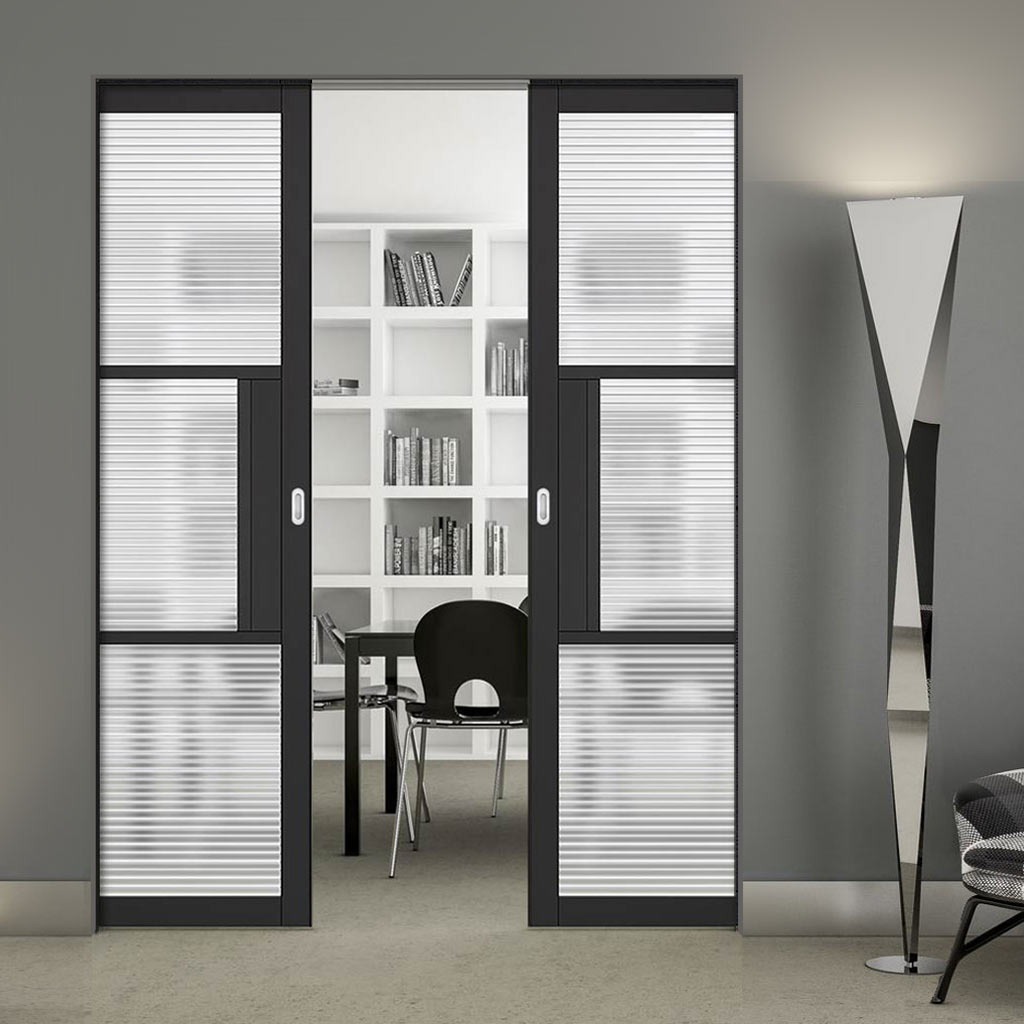 Tribeca 3 Pane Black Primed Absolute Evokit Double Pocket Door - Clear Reeded Glass