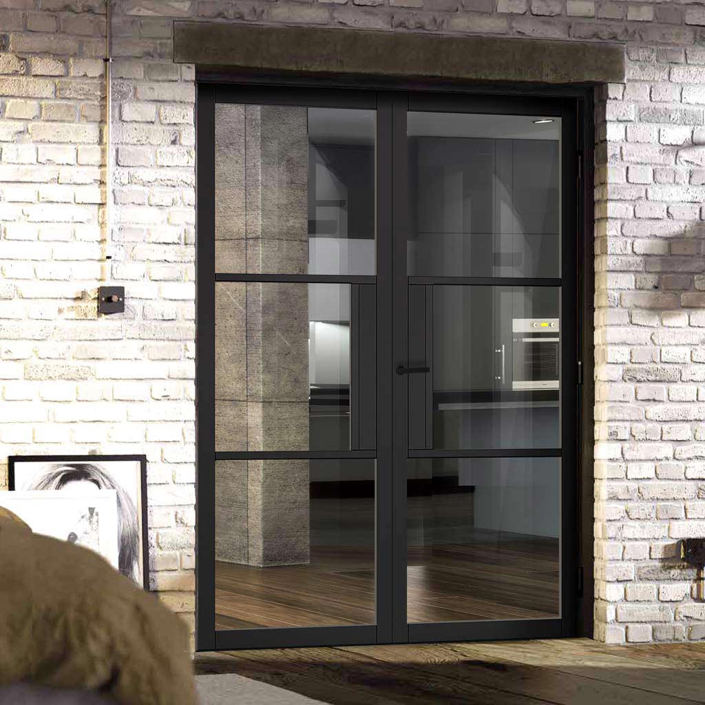 Tribeca 3 Pane Black Painted Internal Door Pair - Clear Glass - Prefinished