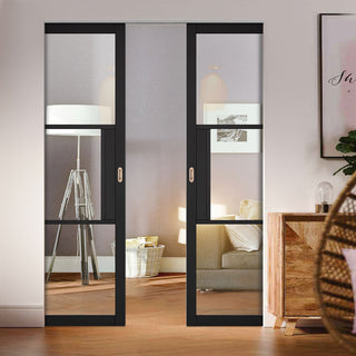 Image: Tribeca 3 Pane Black Primed Absolute Evokit Double Pocket Door - Clear Glass