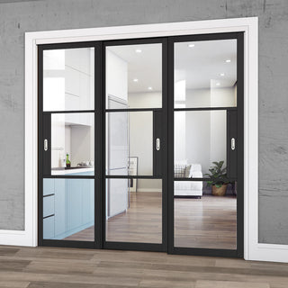Image: Pass-Easi Three Sliding Doors and Frame Kit - Tribeca 3 Pane Black Painted Door - Clear Glass