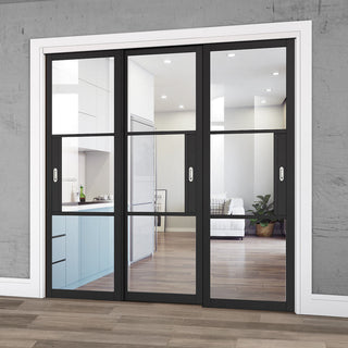 Image: Pass-Easi Three Sliding Doors and Frame Kit - Tribeca 3 Pane Black Primed Door - Clear Glass