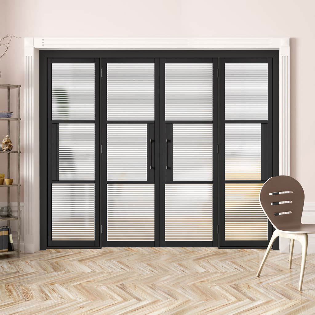ThruEasi Room Divider - Tribeca 3 Pane Black Clear Reeded Glass Prefinished Double Doors with Double Sides