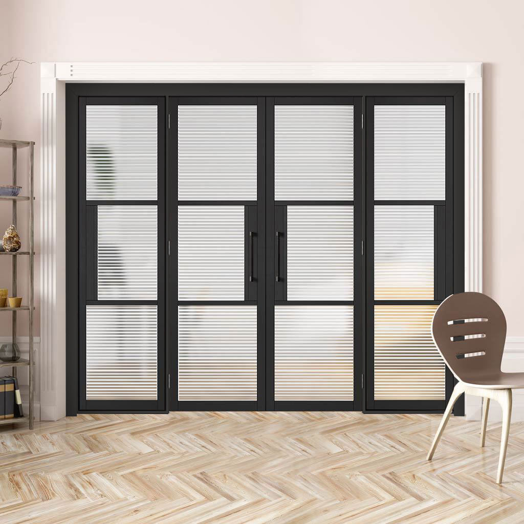 ThruEasi Room Divider - Tribeca 3 Pane Black Primed Clear Reeded Glass Unfinished Double Doors with Double Sides