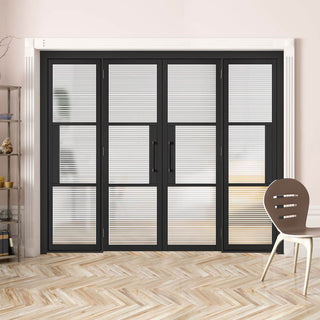Image: ThruEasi Room Divider - Tribeca 3 Pane Black Primed Clear Reeded Glass Unfinished Double Doors with Double Sides