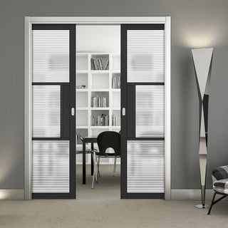 Image: Tribeca 3 Pane Black Primed Double Evokit Pocket Doors - Clear Reeded Glass