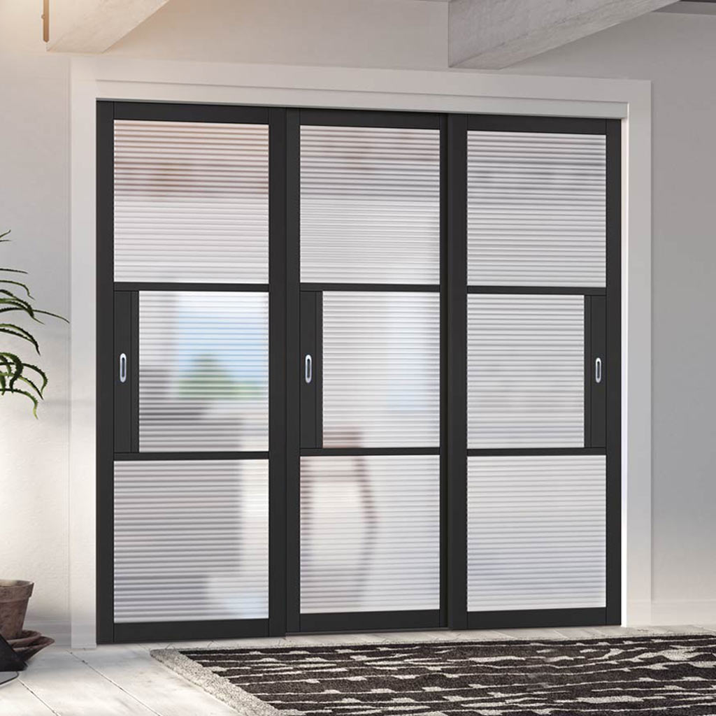 Pass-Easi Three Sliding Doors and Frame Kit - Tribeca 3 Pane Black Primed Door - Clear Reeded Glass