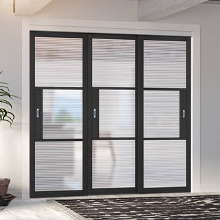 Image: Pass-Easi Three Sliding Doors and Frame Kit - Tribeca 3 Pane Black Primed Door - Clear Reeded Glass