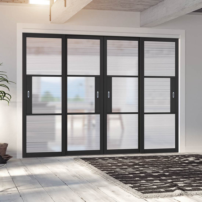 Pass-Easi Four Sliding Doors and Frame Kit - Tribeca 3 Pane Black Painted Door - Clear Reeded Glass
