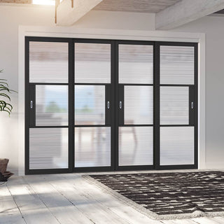 Image: Pass-Easi Four Sliding Doors and Frame Kit - Tribeca 3 Pane Black Primed Door - Clear Reeded Glass