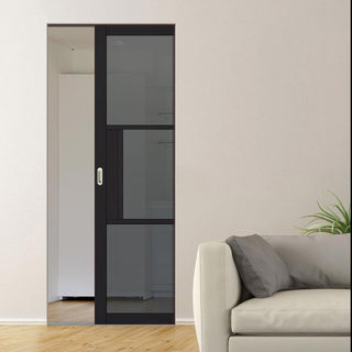 Image: Tribeca 3 Pane Black Primed Absolute Evokit Single Pocket Door - Tinted Glass