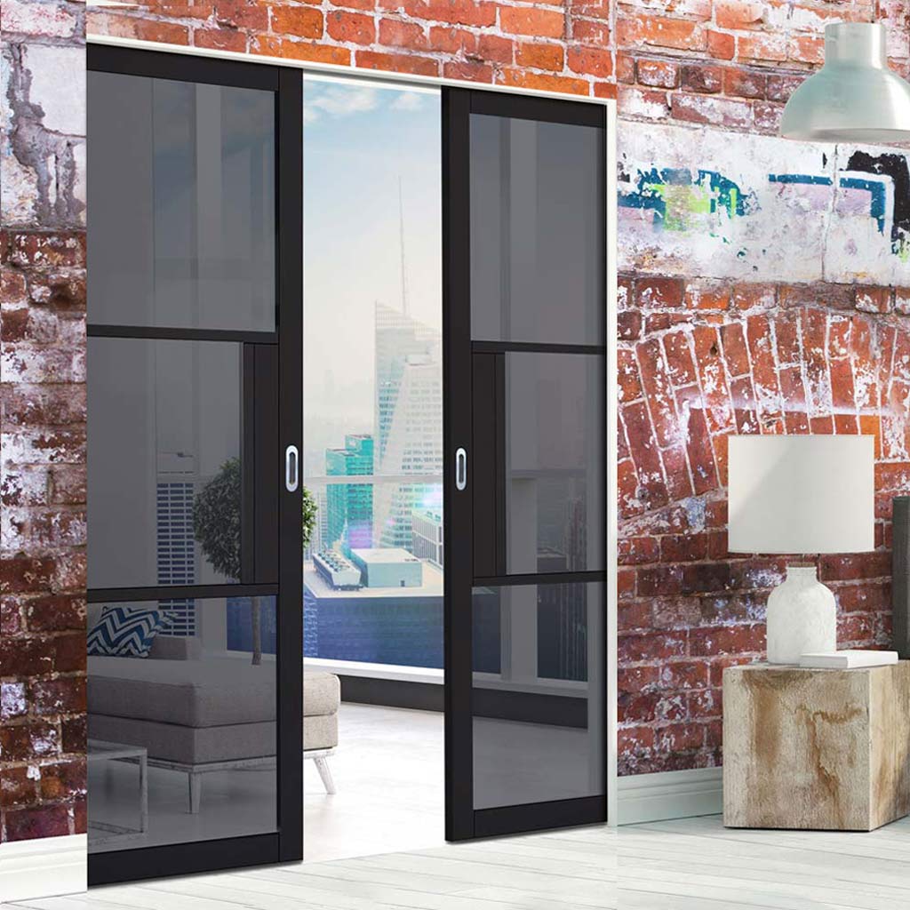 Tribeca 3 Pane Black Primed Absolute Evokit Double Pocket Door - Tinted Glass