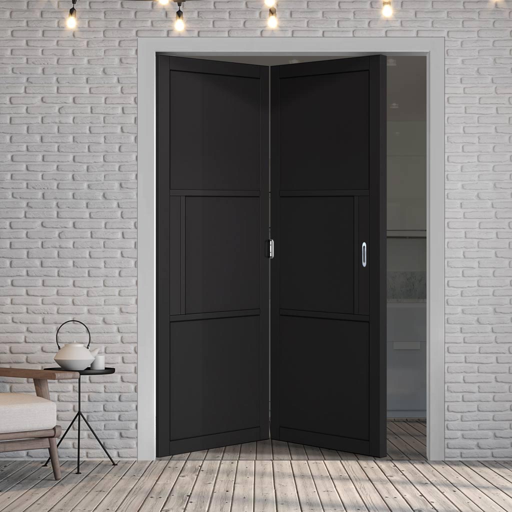 Two Folding Doors & Frame Kit - Tribeca 3 Panel Black Painted 2+0 - Prefinished