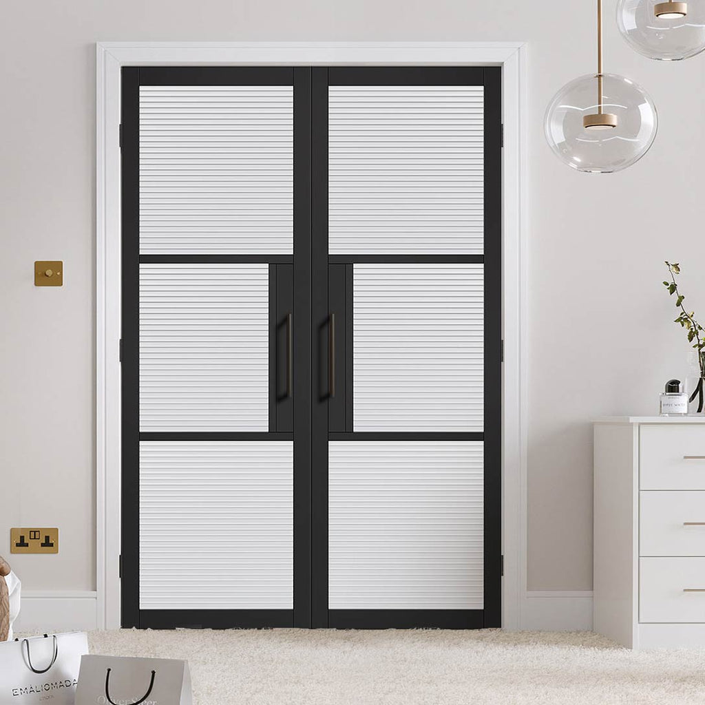 Tribeca 3 Pane Black Primed Internal Door Pair - Clear Reeded Glass