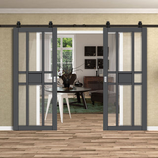 Image: Top Mounted Black Sliding Track & Solid Wood Double Doors - Eco-Urban® Tromso 8 Pane 1 Panel Doors DD6402G Clear Glass - Stormy Grey Premium Primed