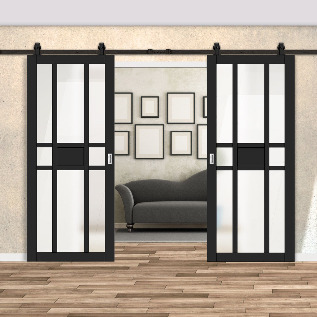 Top Mounted Black Sliding Track & Solid Wood Double Doors - Eco-Urban® Tromso 8 Pane 1 Panel Doors DD6402SG Frosted Glass - Shadow Black Premium Primed