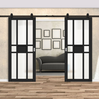 Image: Top Mounted Black Sliding Track & Solid Wood Double Doors - Eco-Urban® Tromso 8 Pane 1 Panel Doors DD6402SG Frosted Glass - Shadow Black Premium Primed