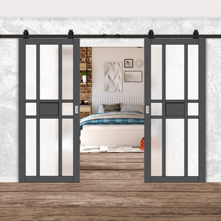 Image: Top Mounted Black Sliding Track & Solid Wood Double Doors - Eco-Urban® Tromso 8 Pane 1 Panel Doors DD6402SG Frosted Glass - Stormy Grey Premium Primed