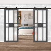 Top Mounted Black Sliding Track & Solid Wood Double Doors - Eco-Urban® Tromso 8 Pane 1 Panel Doors DD6402SG Frosted Glass - Stormy Grey Premium Primed