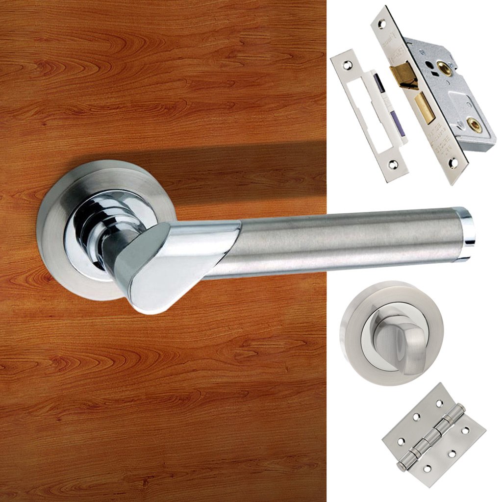 Tunis Mediterranean Bathroom Lever on Rose - Satin Nickel - Polished Chrome Handle Pack