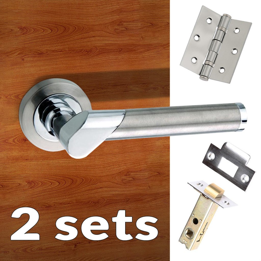 Two Pack Tunis Mediterranean Lever on Rose - Satin Nickel - Polished Chrome Handle