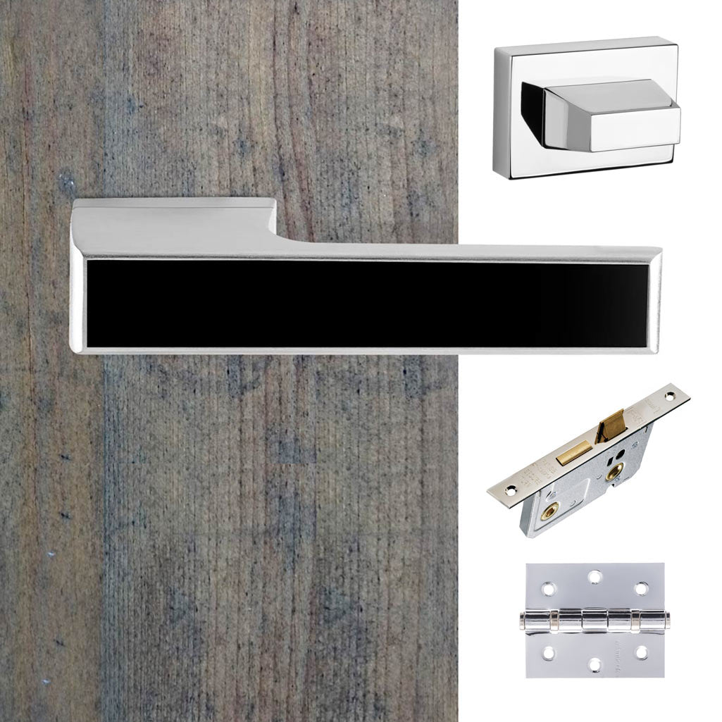 Tupai Rapido VersaLine Tobar Bathroom Lever on Long Rose - Pearl Black Decorative Plate - Bright Polished Chrome Handle Pack