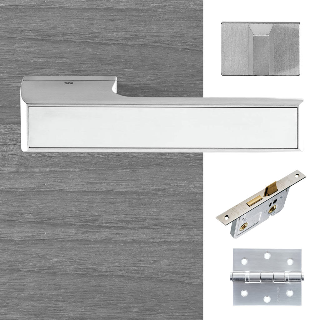 Tupai Rapido VersaLine Tobar Bathroom Lever on Long Rose - Polished Stainless Steel Decorative Plate - Satin Chrome Handle Pack
