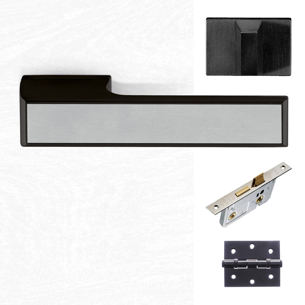 Tupai Rapido VersaLine Tobar Bathroom Lever on Long Rose - Satin Stainless Steel Decorative Plate - Pearl Black Handle Pack