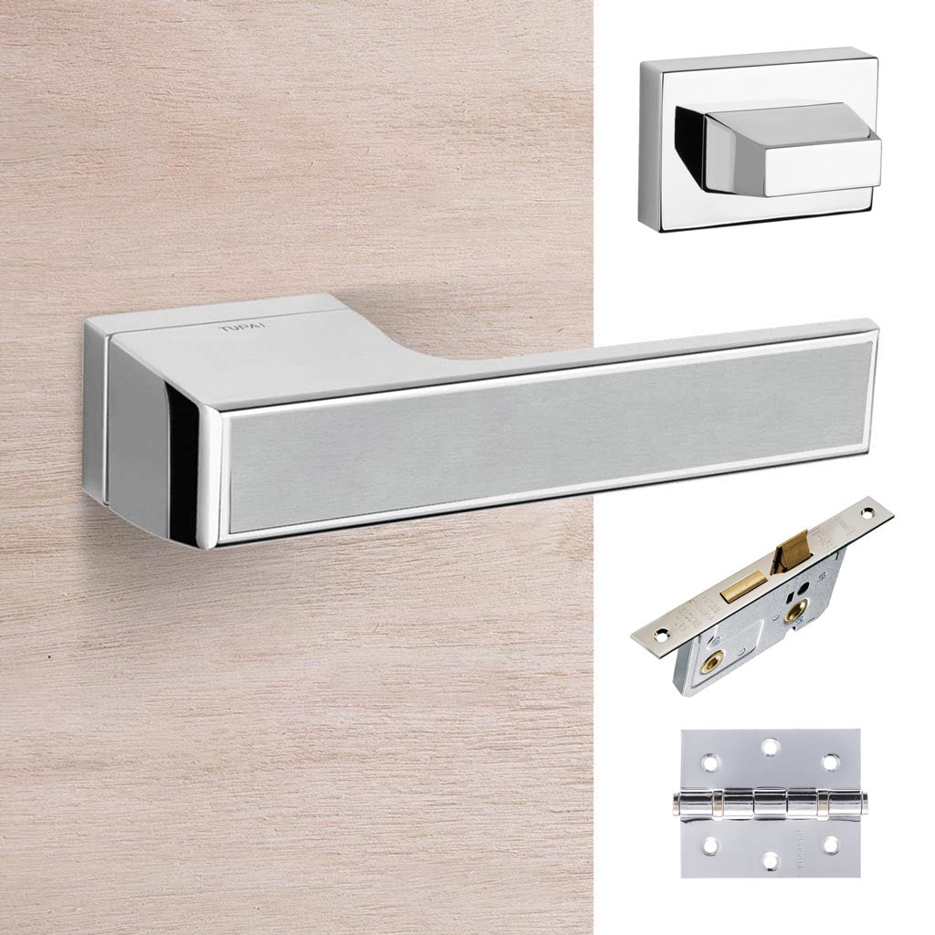 Tupai Rapido VersaLine Tobar Bathroom Lever on Long Rose - Satin Stainless Steel Decorative Plate - Bright Polished Chrome Handle Pack