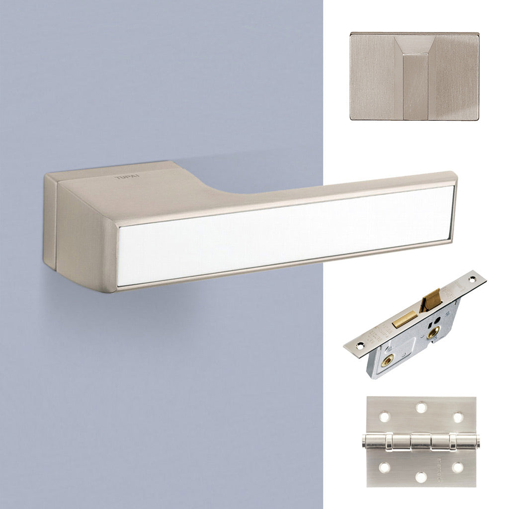 Tupai Rapido VersaLine Tobar Bathroom Lever on Long Rose - White Decorative Plate - Pearl Nickel Handle Pack