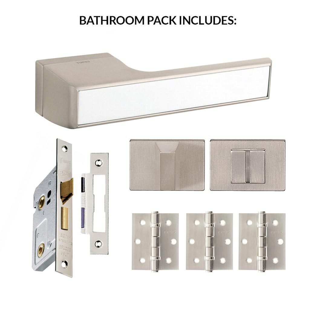Tupai Rapido VersaLine Tobar Bathroom Lever on Long Rose - White Decorative Plate - Pearl Nickel Handle Pack