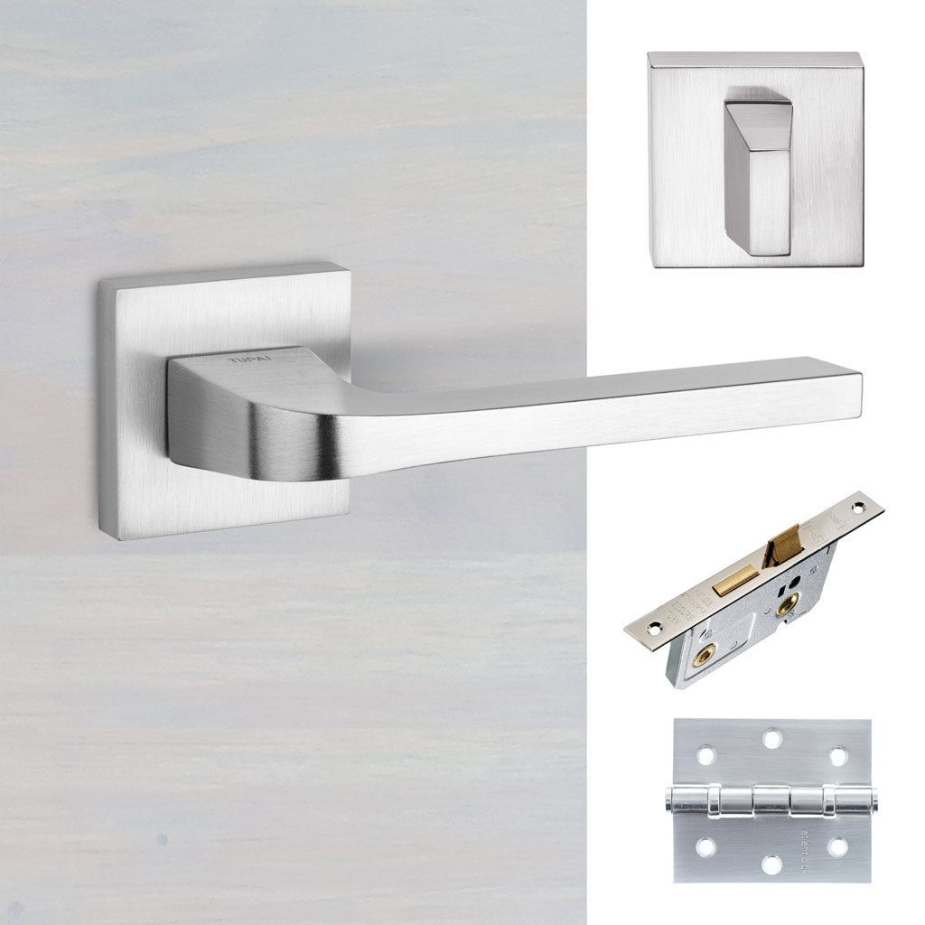 Tupai Rapido CurvaLine Valbona Bathroom Lever on Square Rose - Satin Chrome Handle Pack
