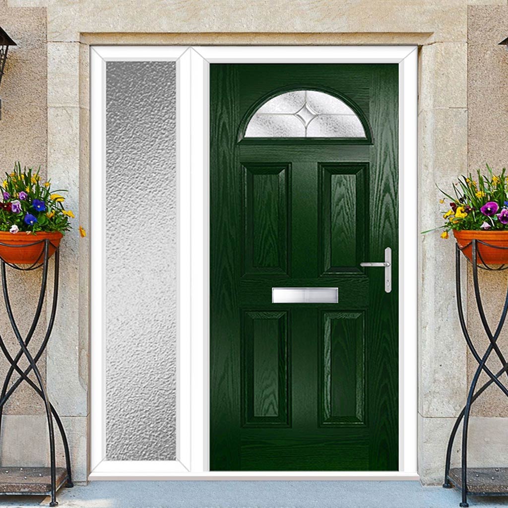 Premium Composite Front Door Set with One Side Screen - Tuscan 1 Flair Glass - Shown in Green