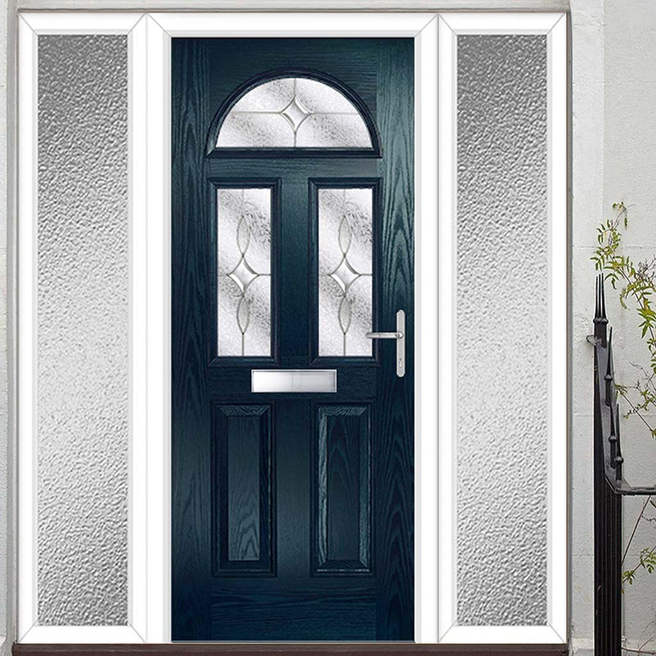 Premium Composite Front Door Set with Two Side Screens - Tuscan 3 Flair Glass - Shown in Blue