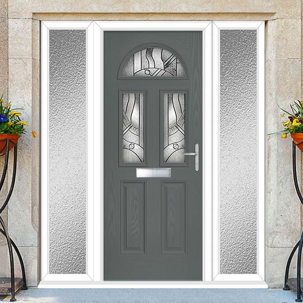 Premium Composite Front Door Set with Two Side Screens - Tuscan 3 Abstract Glass - Shown in Mouse Grey