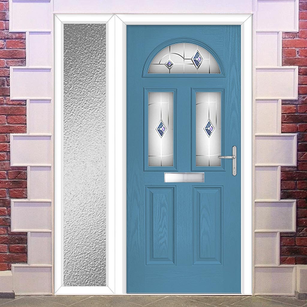 Premium Composite Front Door Set with One Side Screen - Tuscan 3 Murano Blue Glass - Shown in Pastel Blue