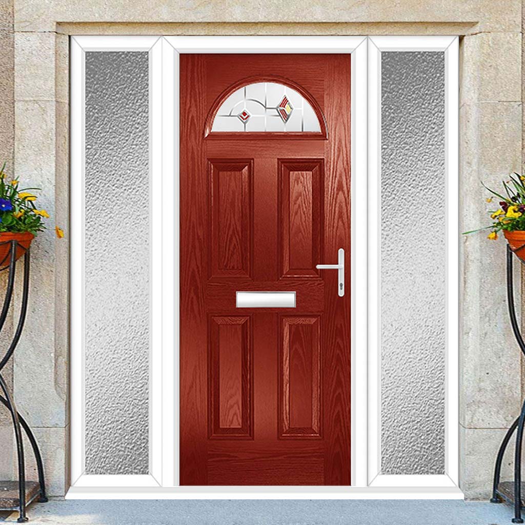 Premium Composite Front Door Set with Two Side Screens - Tuscan 1 Murano Red Glass - Shown in Red