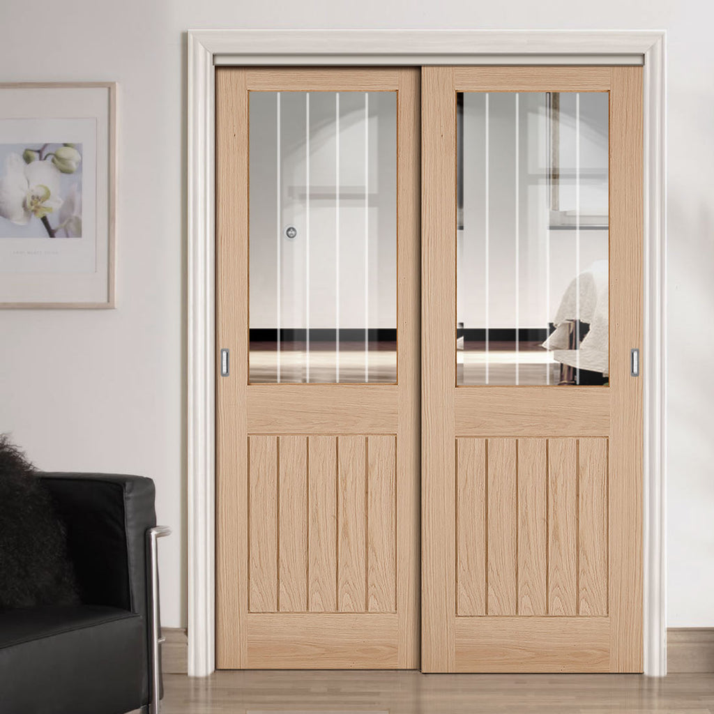 Pass-Easi Two Sliding Doors and Frame Kit - Belize Oak Door - Silkscreen Etched Clear Glass - Unfinished