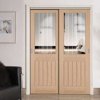 Image: Pass-Easi Two Sliding Doors and Frame Kit - Belize Oak Door - Silkscreen Etched Clear Glass - Unfinished