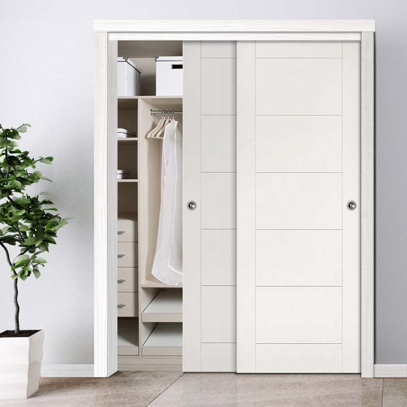 Two Sliding Maximal Wardrobe Doors & Frame Kit - Seville White Primed Flush Door