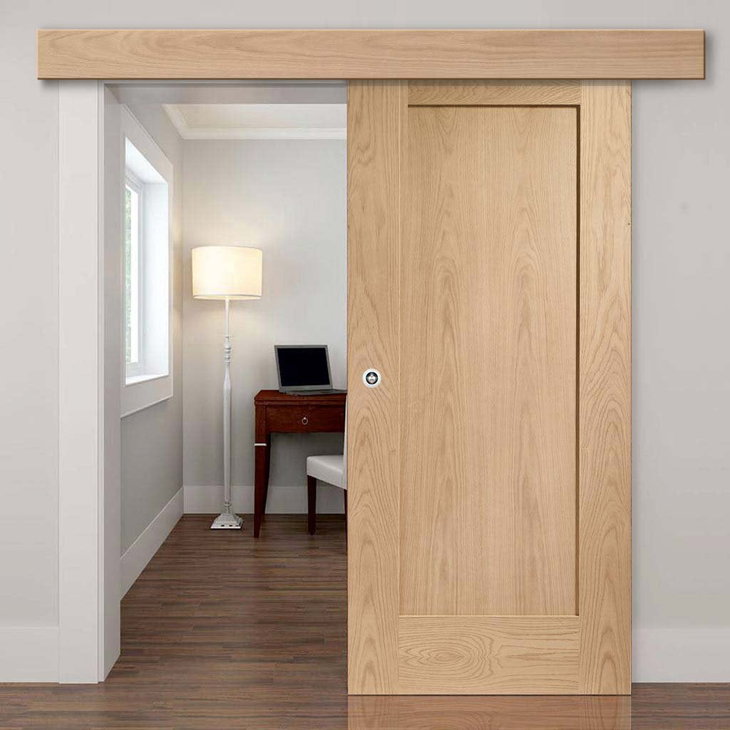 Single Sliding Door & Wall Track - Pattern 10 Oak 1 Panel Door - Unfinished