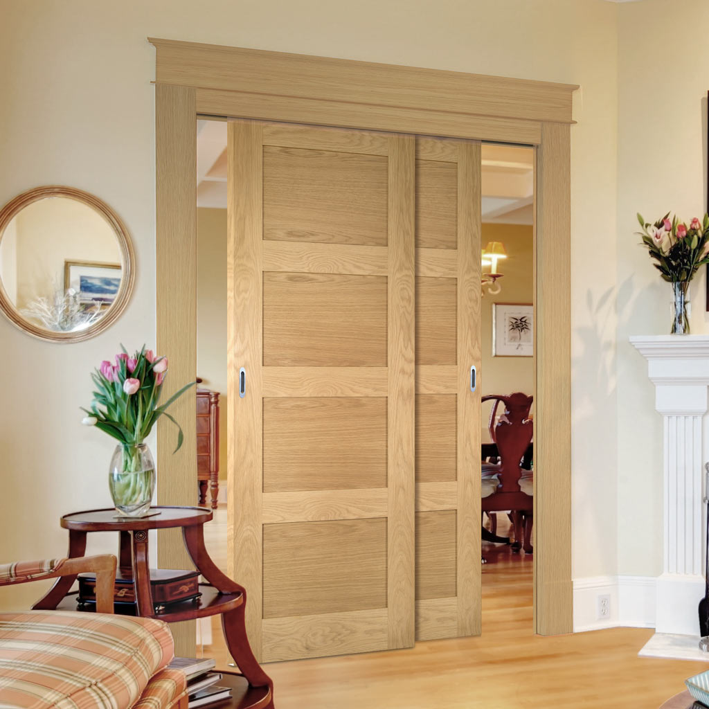 Pass-Easi Two Sliding Doors and Frame Kit - Coventry Shaker Style Oak Door - Unfinished