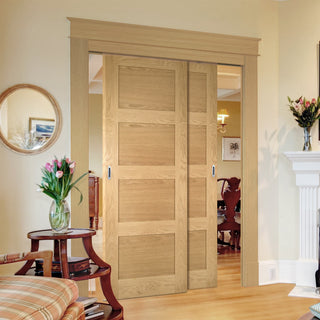 Image: Pass-Easi Two Sliding Doors and Frame Kit - Coventry Shaker Style Oak Door - Unfinished