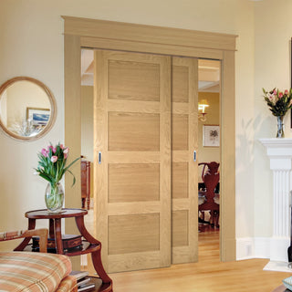 Image: Pass-Easi Two Sliding Doors and Frame Kit - Coventry Shaker Style Oak Door - Unfinished