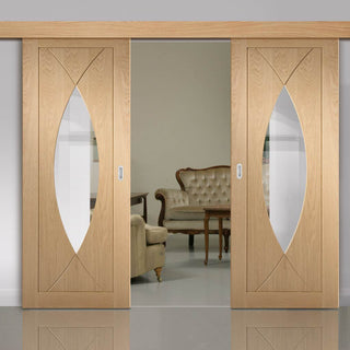 Image: Bespoke Thruslide Surface Pesaro Oak Glazed - Sliding Double Door and Track Kit