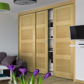 Image: Three Sliding Maximal Wardrobe Doors & Frame Kit - Coventry Shaker Style Oak Door - Unfinished