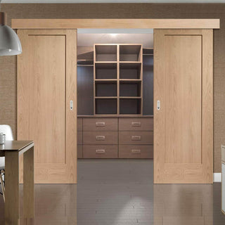 Image: Double Sliding Door & Wall Track - Pattern 10 Oak 1 Panel Doors - Unfinished