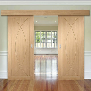 Image: Bespoke Thruslide Surface Pesaro Oak Flush - Sliding Double Door and Track Kit